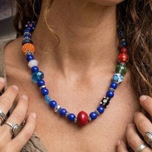 Handmade Multicolor Lampwork glass Beaded Necklace — Blue & Red Accent